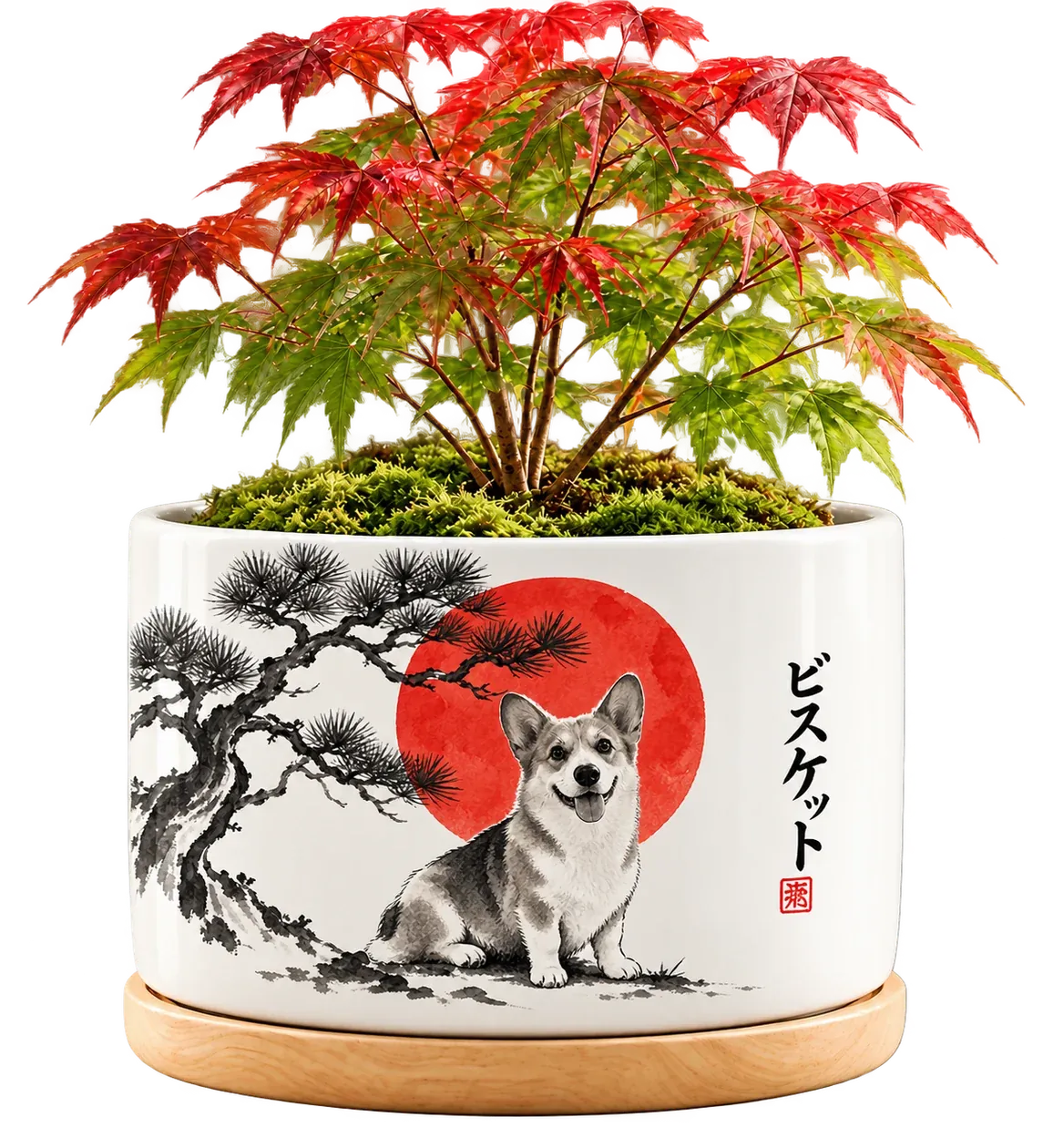 The Ink Portrait Planter with a corgi painted in sumi ink before a red sun, the name Biscuit brushed in katakana and a red seal