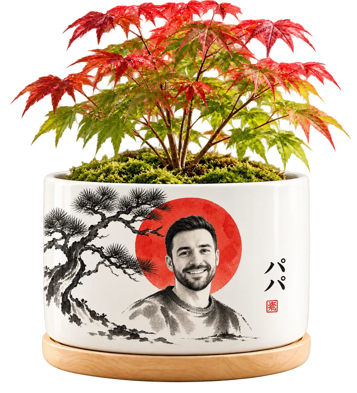 The Ink Portrait Planter with a smiling bearded man painted in sumi ink before a red sun, the name Dad brushed in katakana and a red seal