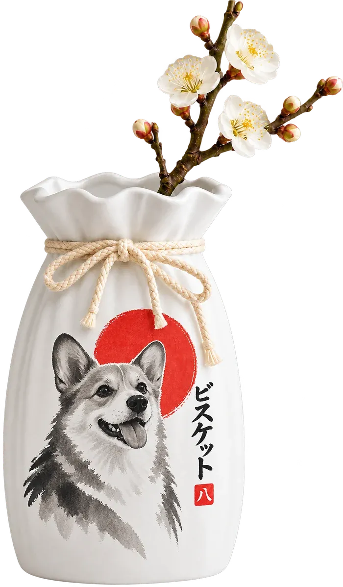A corgi named Biscuit in sumi ink before a red sun on the kinchaku vase, ビスケット brushed beside him