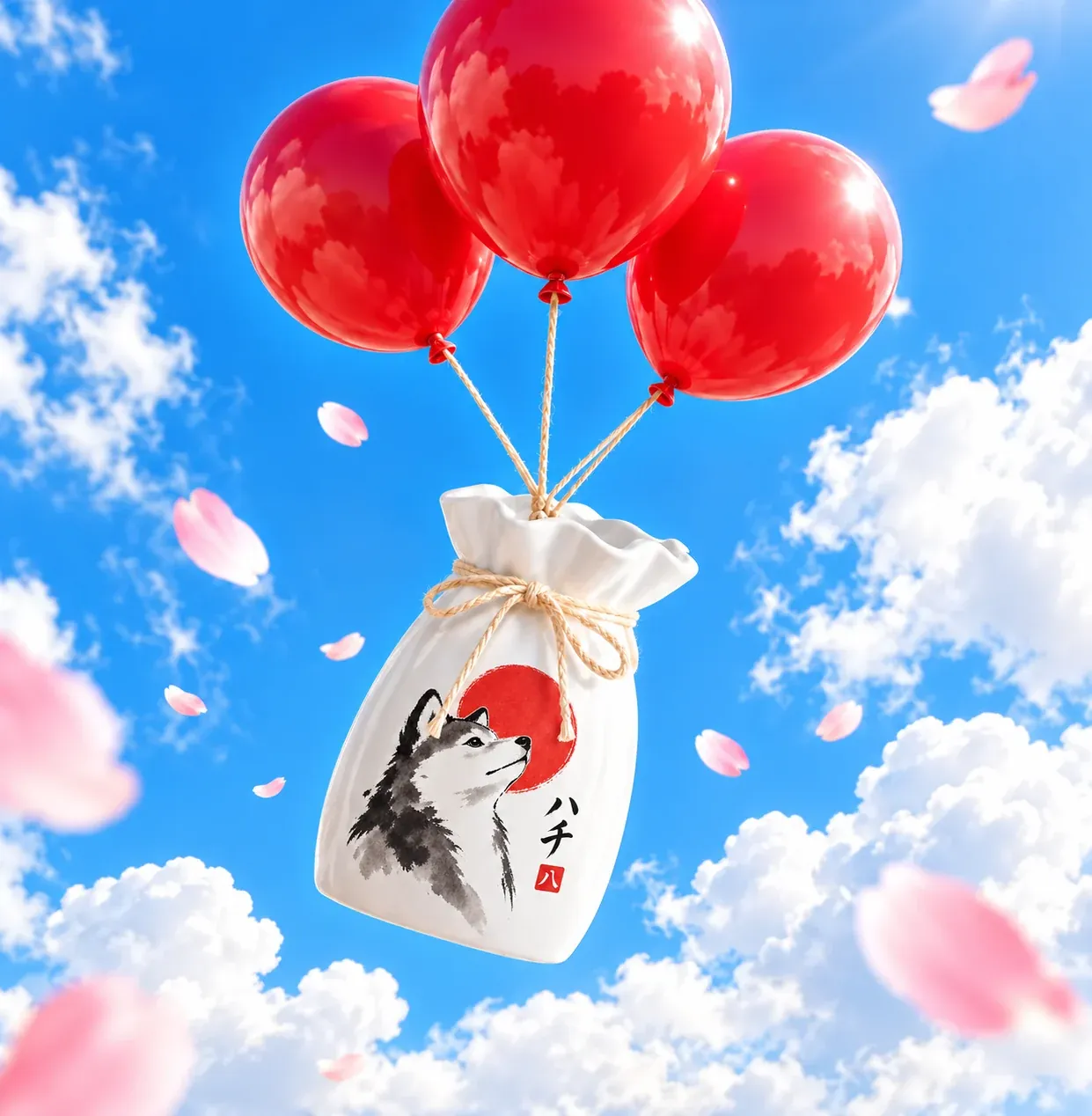 The ink-painted pouch vase floating on three red balloons through a blue sky with cherry petals