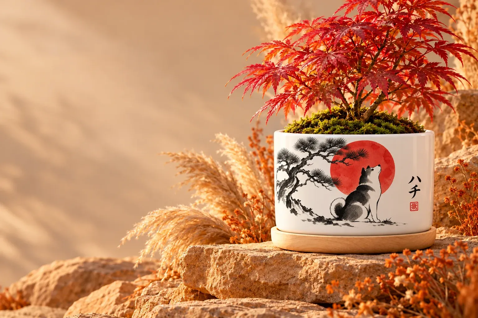 The Ink Portrait Planter on sandstone in warm light: a shiba painted in sumi ink before a red sun under a pine branch, the name ハチ brushed in katakana, holding a red Japanese maple