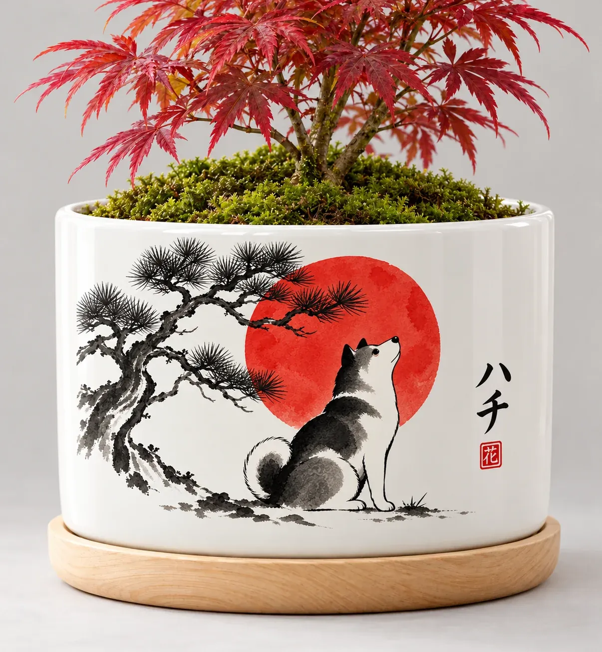 The Ink Portrait Planter: a shiba painted in sumi ink before a red sun, the name ハチ in katakana, with a red maple, on warm sand
