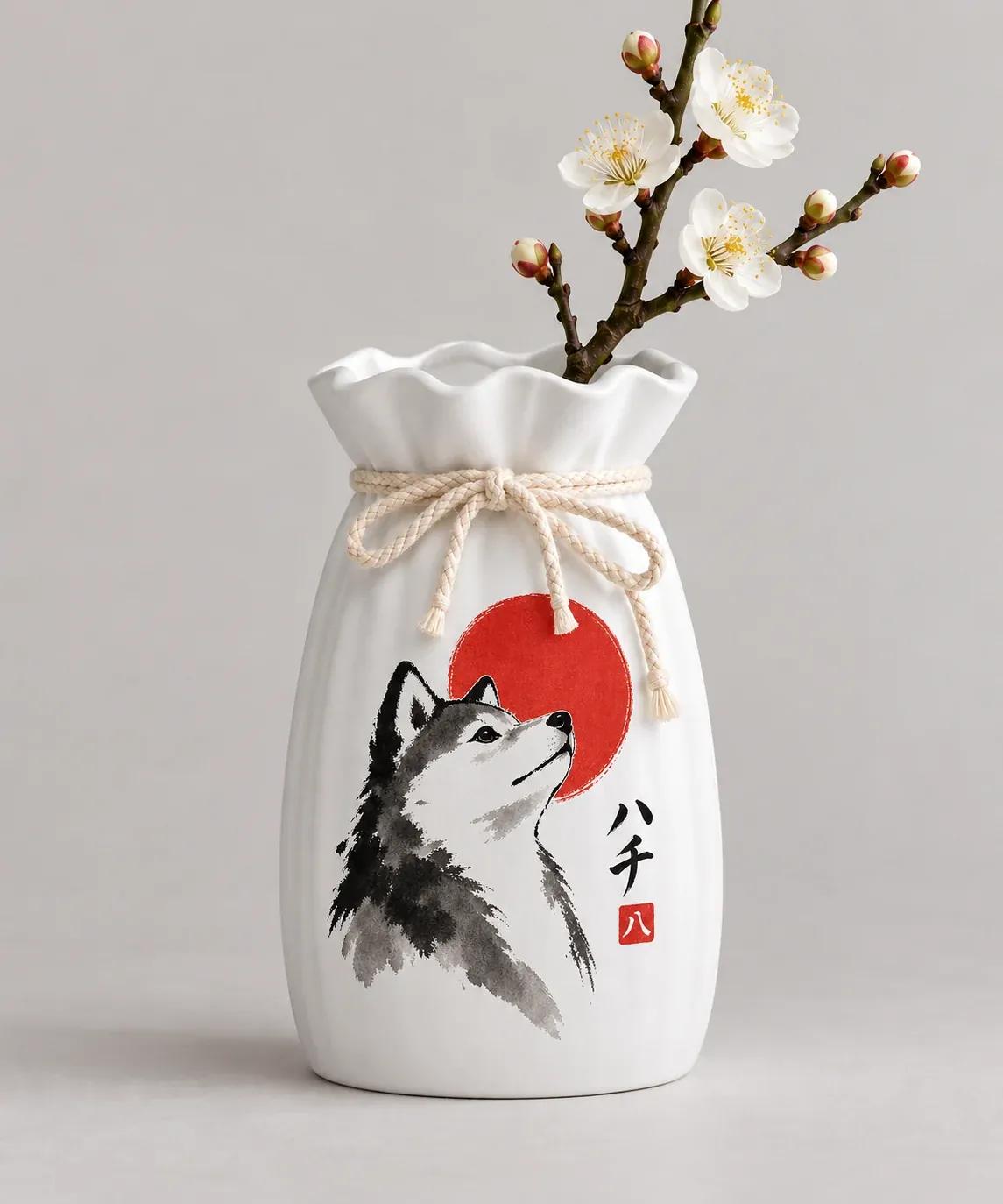 The kinchaku pouch vase with a shiba in sumi-e ink before a red sun and a white plum branch, on warm sand
