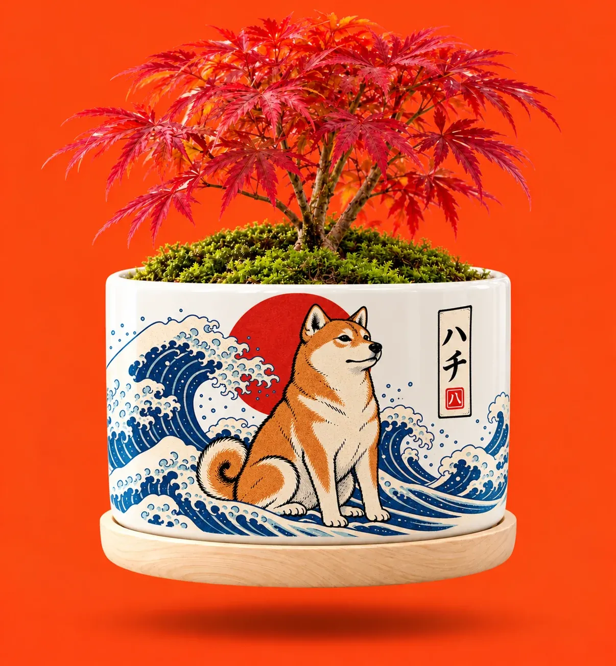 The ukiyo-e planter, a shiba before the great wave and a red sun, holding a red maple on an orange background