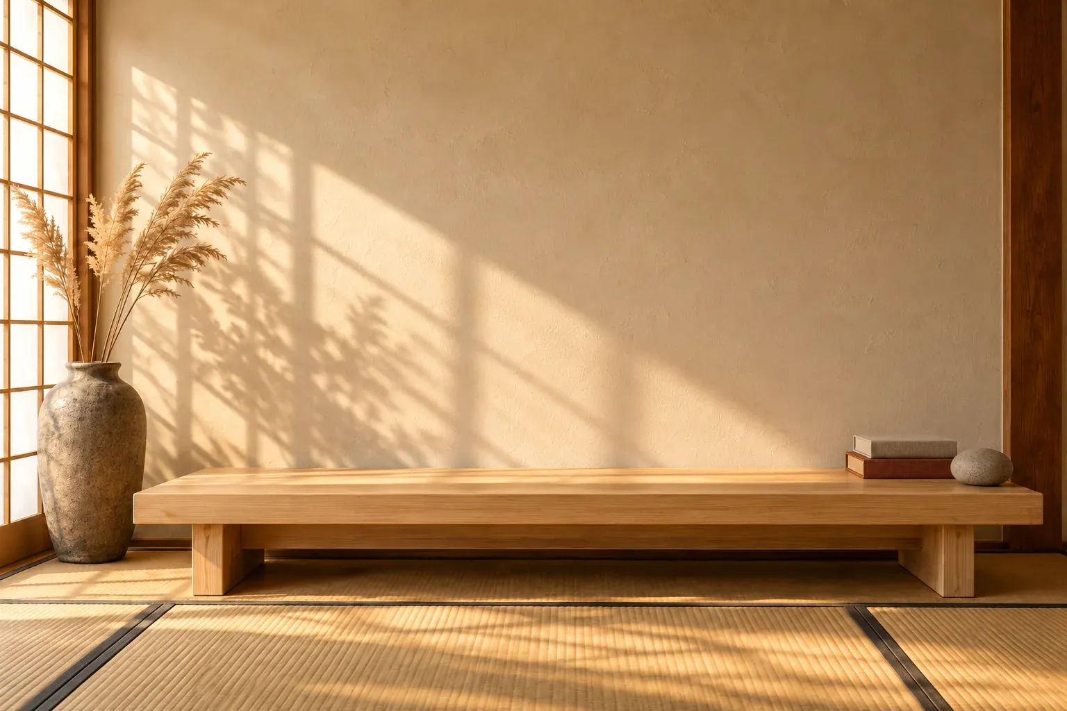 A quiet Japanese room in late sun: a cream clay wall with shoji shadows, a low wooden table on tatami, and your planter on it