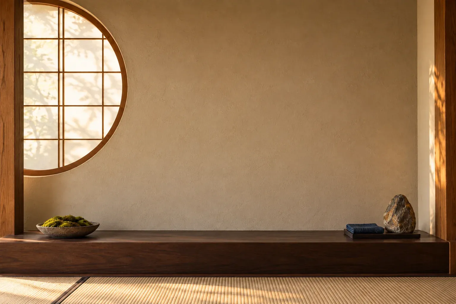 A Japanese tokonoma alcove with a round shoji window, a low dark wooden ledge, a moss dish and a stone, and your vase on the ledge