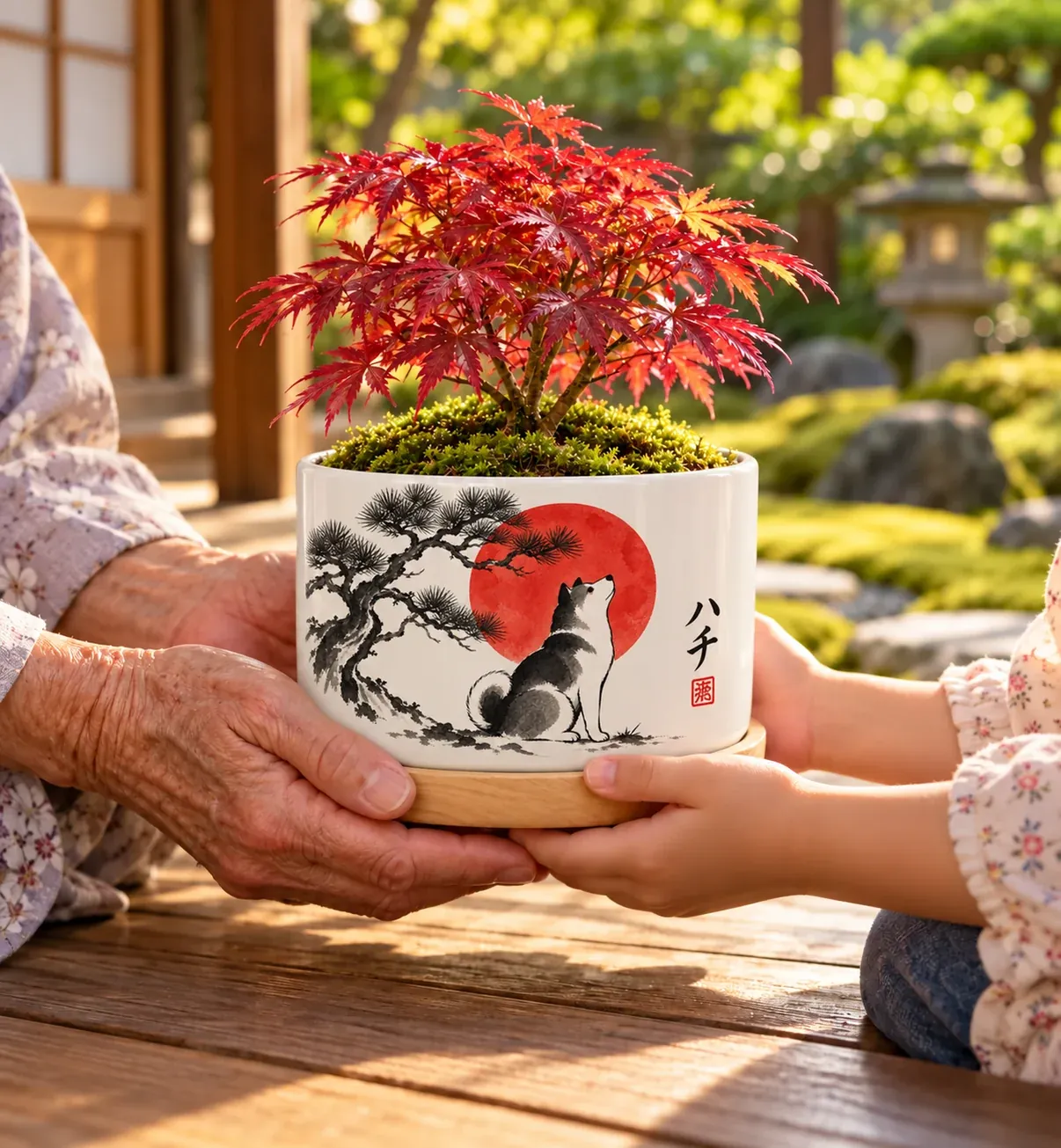 A grandmother handing the sumi ink planter, a shiba before a red sun under a red maple, to a child on a wooden veranda