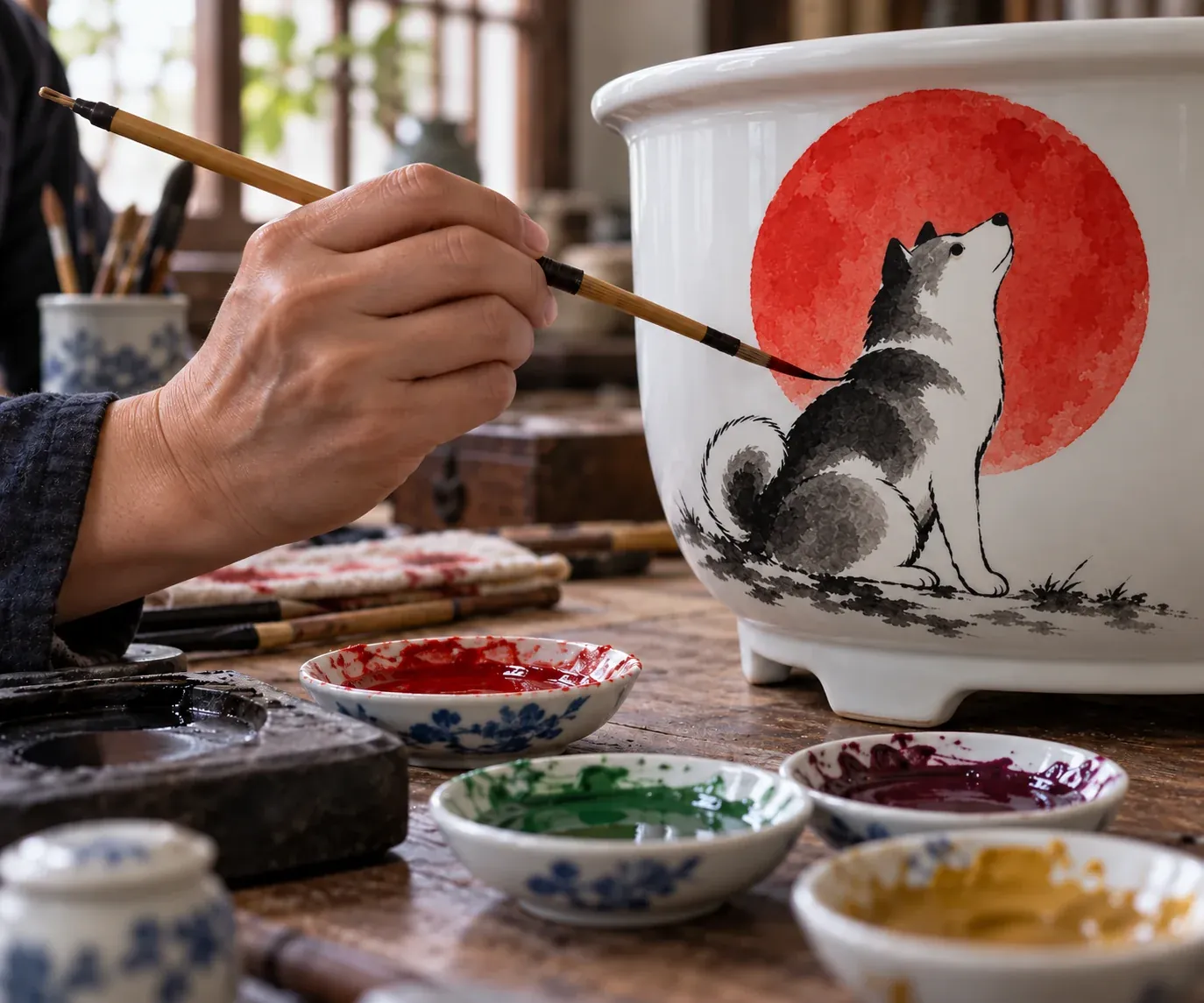 An artist painting a shiba in sumi ink before a red sun on a porcelain planter, with dishes of colour beside it