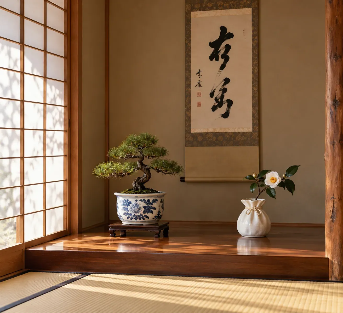 A tatami alcove with a hanging scroll, a bonsai pine in a sometsuke planter and a white pouch vase with a camellia