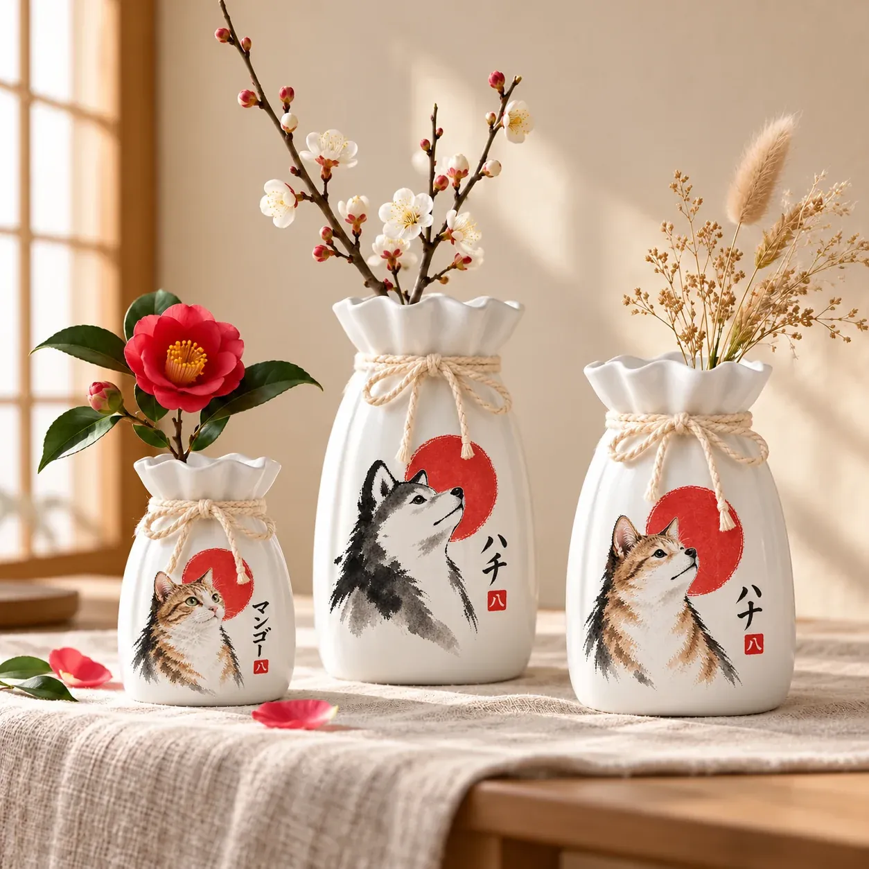 Three kinchaku vases painted in ink with a cat, a plum branch and a shiba, on a linen-covered table